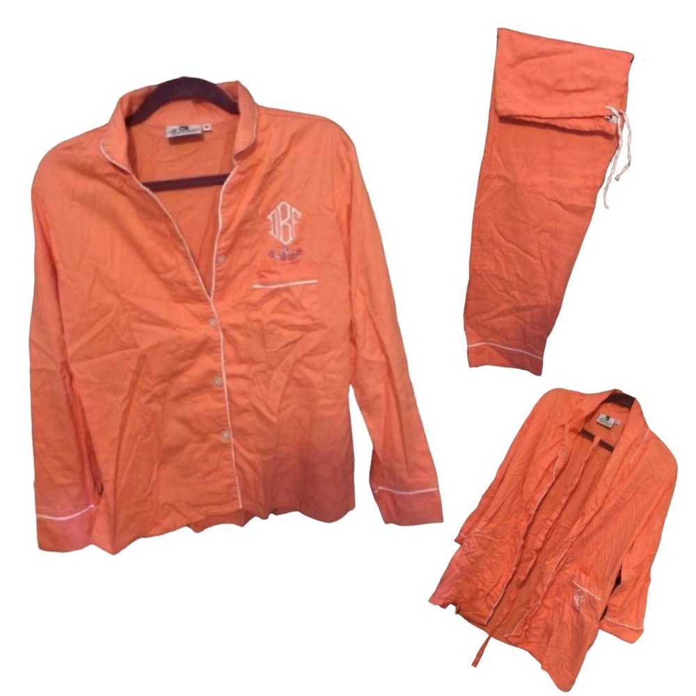Malabar Bay Pajama Set S/M With Robe & Bag Peach Cotton Monogrammed DBF